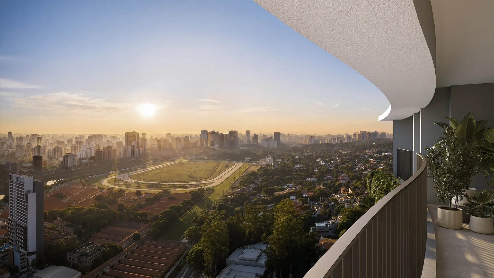 Vista real do Jockey Club e do skyline do Butantã ao entardecer, a partir da varanda do Arts by Cambur